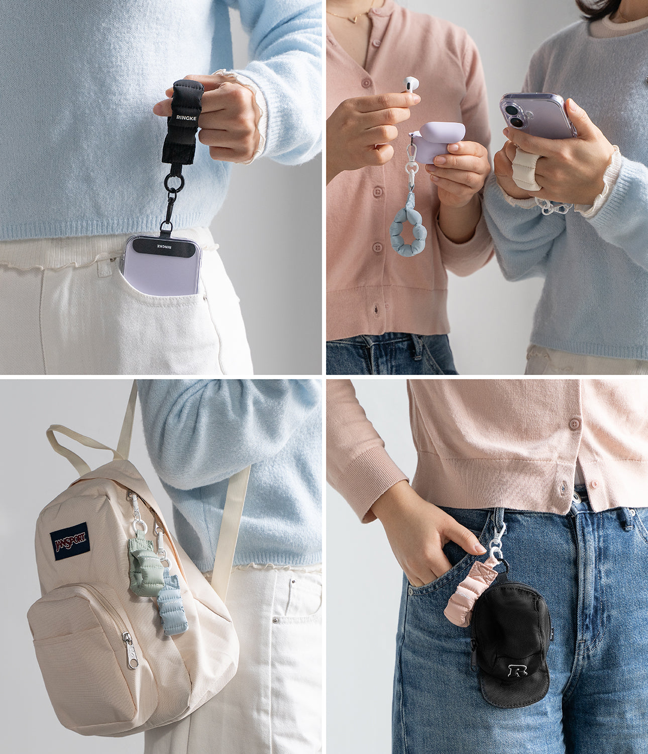 Holder Link Puffer | Finger - Four panels showing puffer-style finger straps attached to phones, earbuds, and bags.