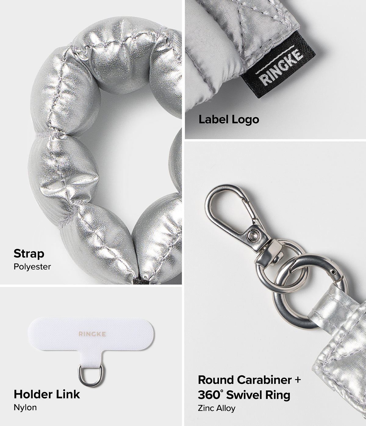 Holder Link Puffer | Finger - Silver finger strap with round carabiner and 360° swivel ring, featuring Ringke branding.