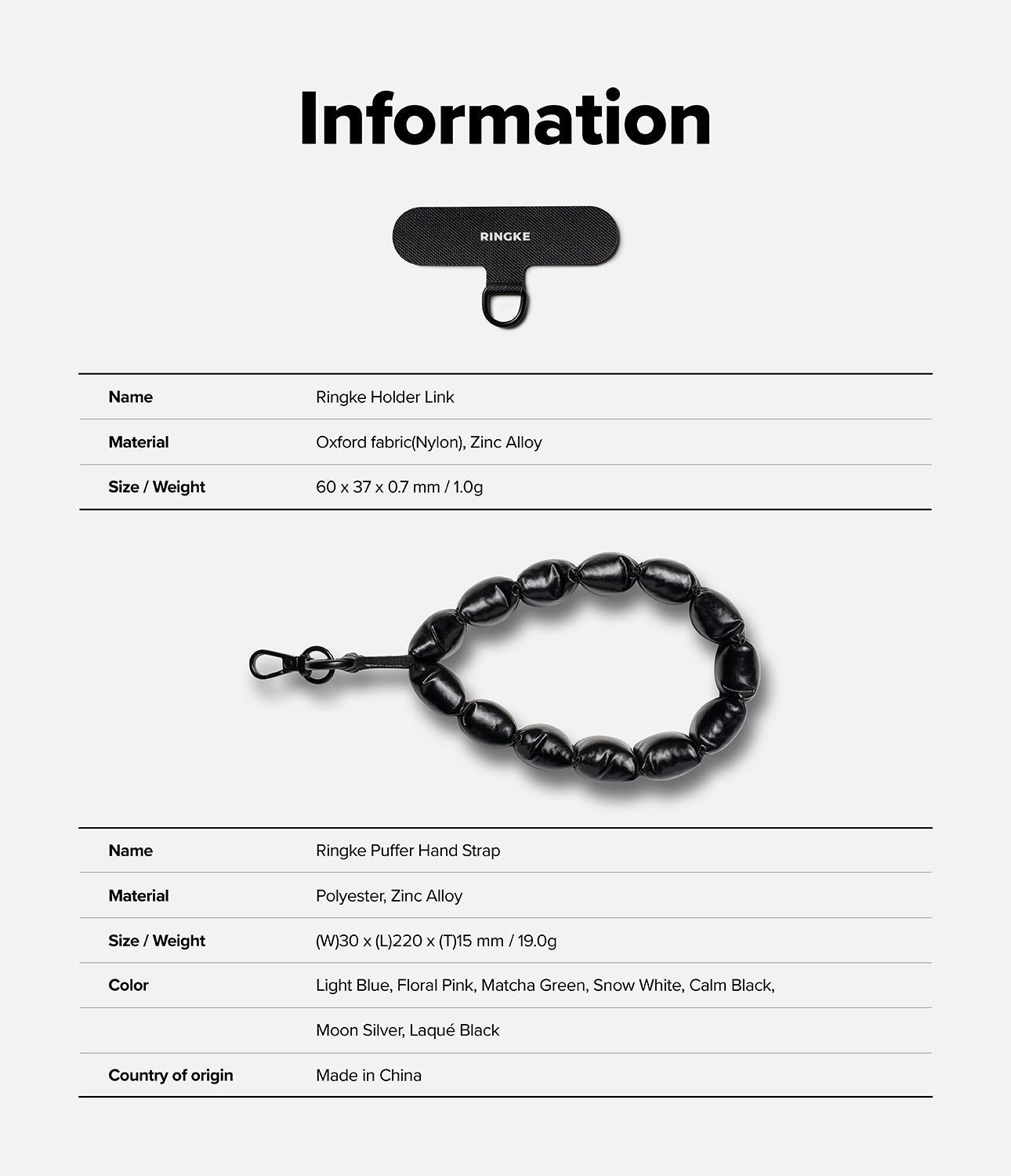 Holder Link Puffer | Hand - Product information card with Ringke accessories on a white background