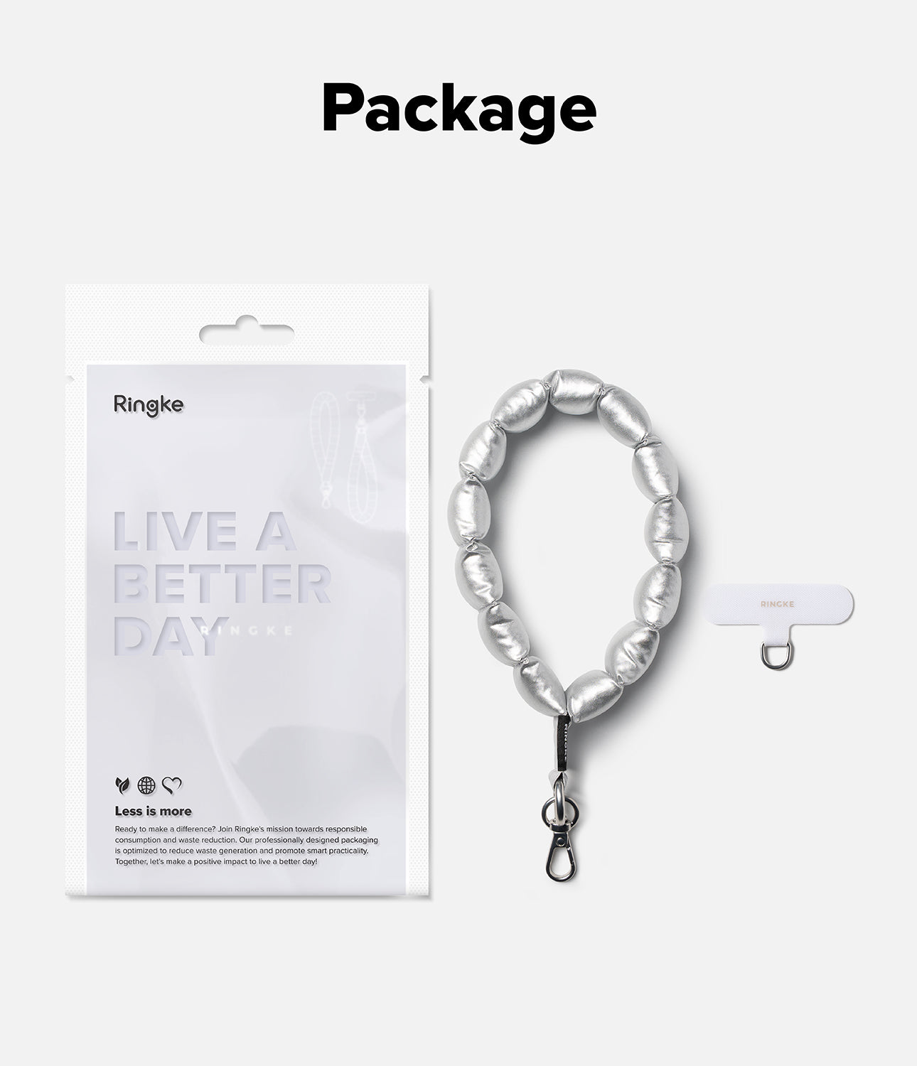 Holder Link Puffer | Hand - Silver hand strap with Ringke packaging on a white background
