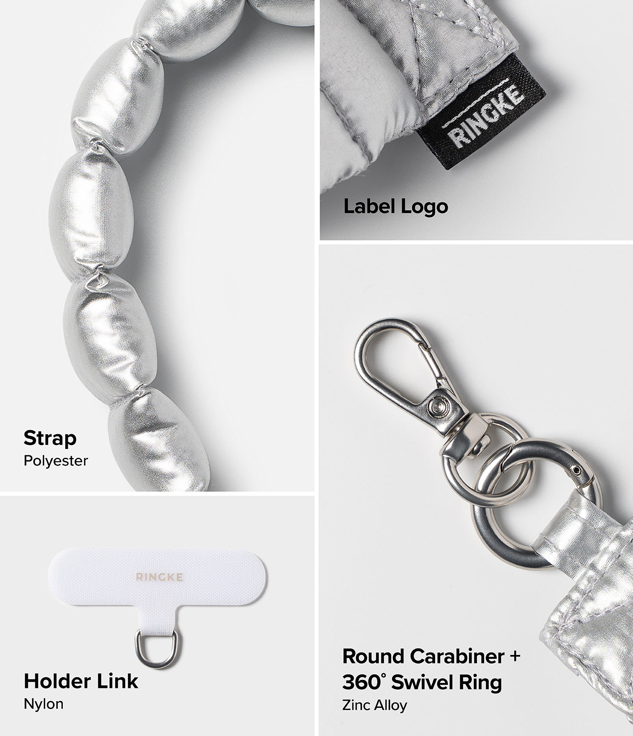 Holder Link Puffer | Hand - Product details of a silver keychain with strap, holder link, round carabiner, and 360 swivel ring on a white background.