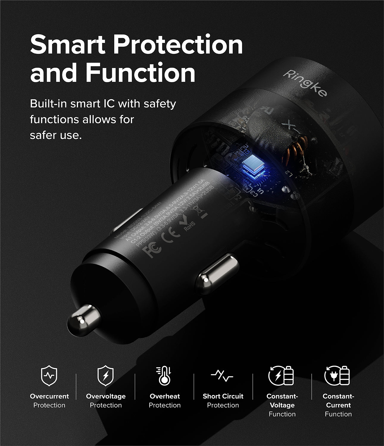 Ringke 3-Port Car Fast Charger - Smart Protection and Function. Built-in smart IC with safety functions allows for safer use.
