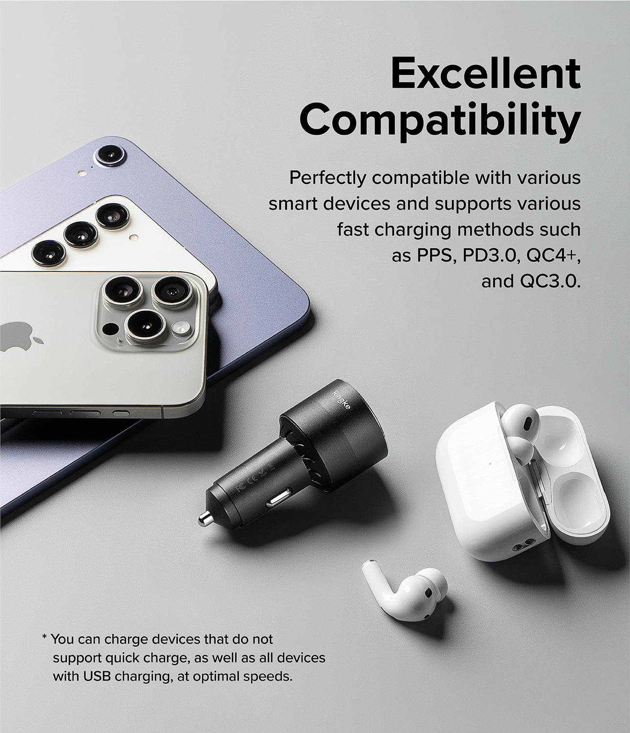 Ringke 3-Port Car Fast Charger - Excellent Compatibility. Perfectly compatible with various smart devices and supports various fast charging methods such as PPS, PD3.0, QC4+, and QC3.0.
