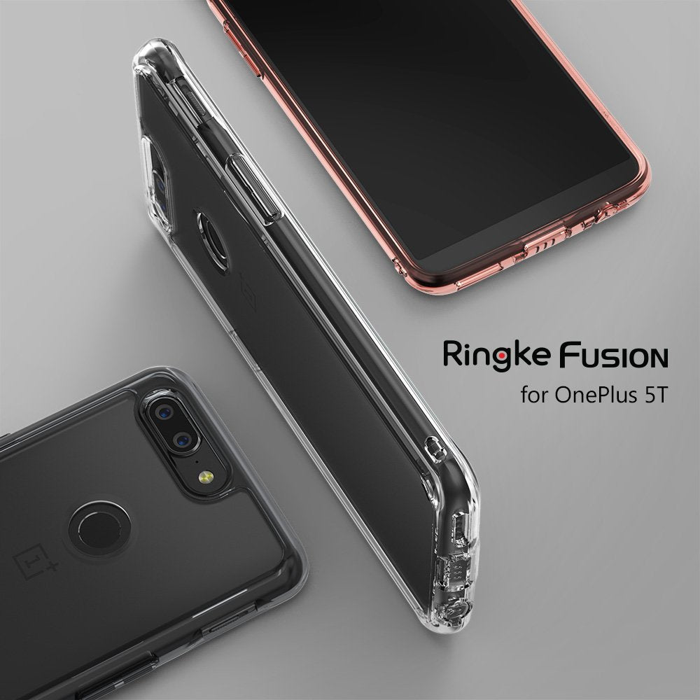 OnePlus 5T Case | Fusion - Clear protective phone case shown from front and back angles on a grey background.