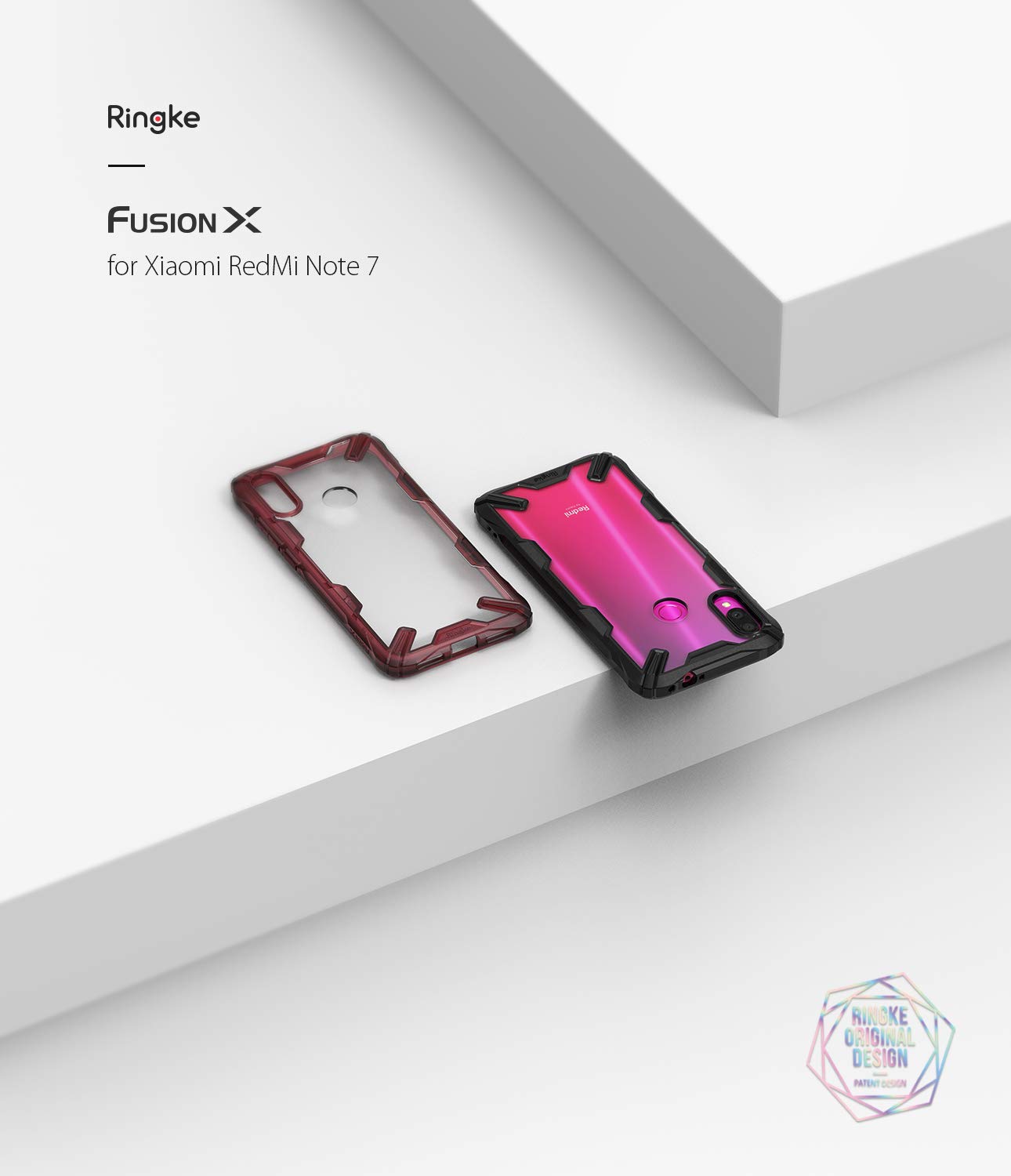 Redmi Note 7 / 7 Pro Case | Fusion-X - Two Redmi Note 7 phone cases, one transparent and one on a magenta phone, on a white surface.