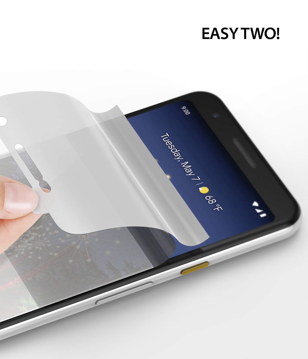 Google Pixel 3a XL Screen Protector | Dual Easy Film - A hand applying a clear screen protector film onto a smartphone.