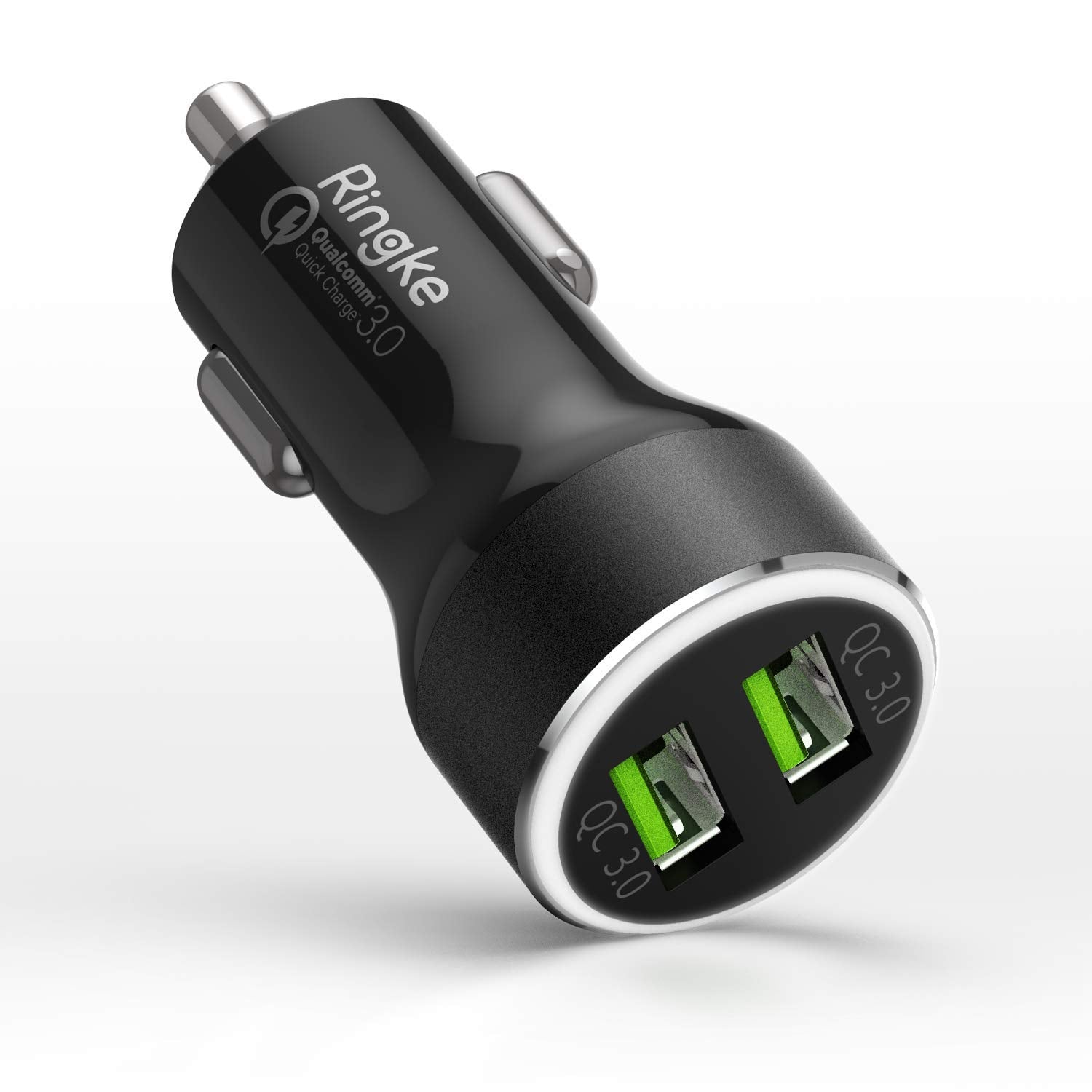 RealX2 Quick Charge 3.0 - Black dual-port USB car charger with green ports and Ringke branding on a white background.