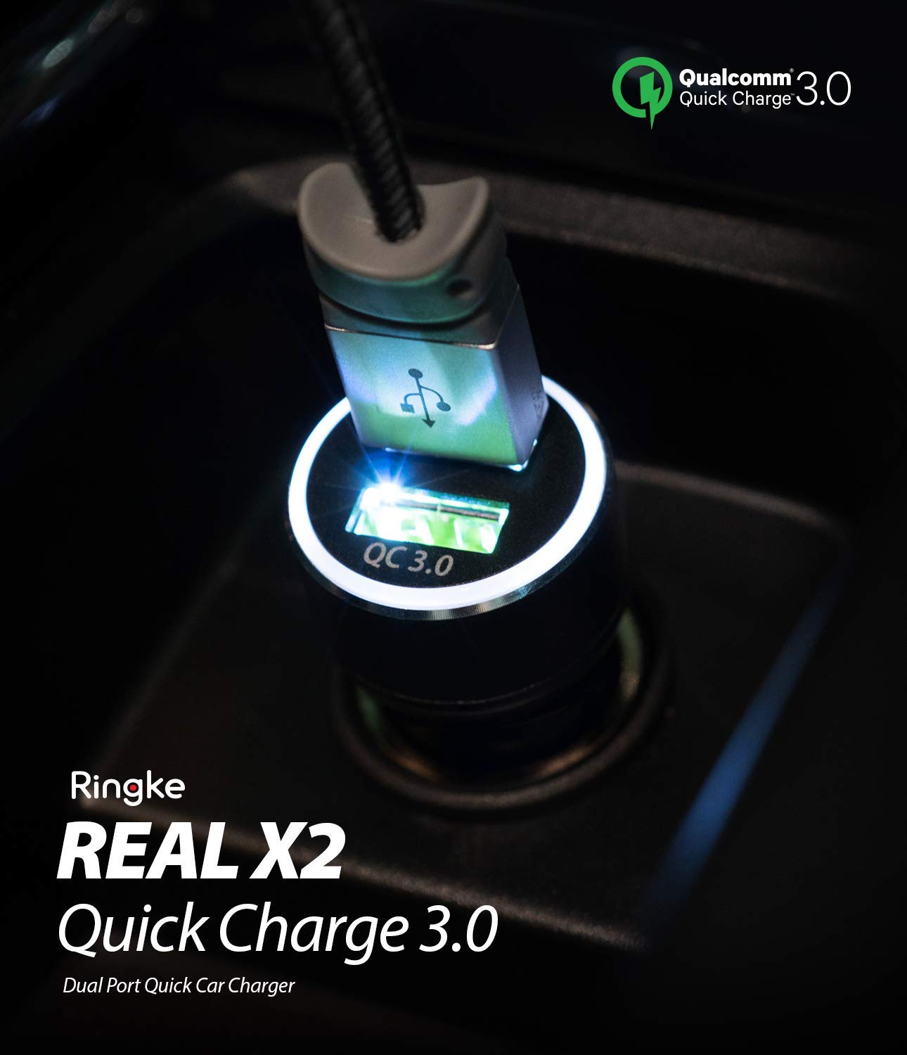 RealX2 Quick Charge 3.0 - A glowing USB cable plugged into a black car charger with a bright white LED ring and QC 3.0 label.