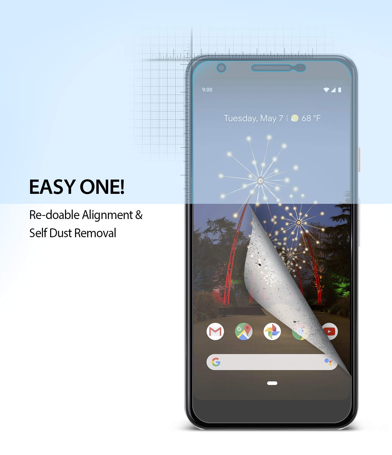 Google Pixel 3a XL Screen Protector | Dual Easy Film - Smartphone screen protector being applied with a peeling layer.