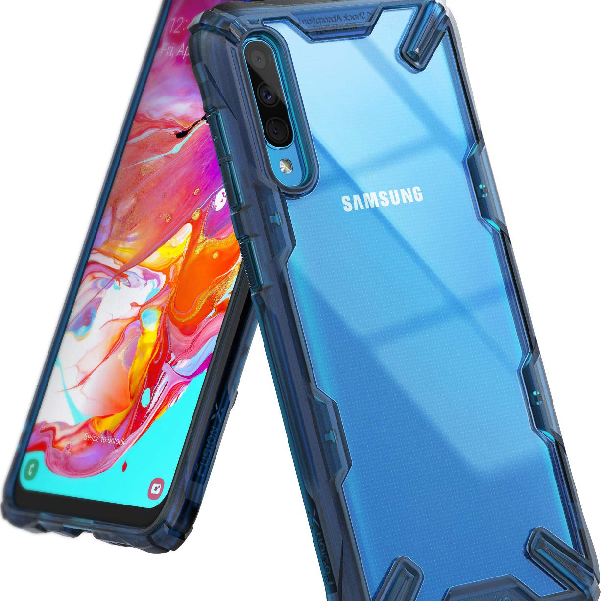 Galaxy A70 Case | Fusion-X - Blue transparent protective phone case with reinforced corners and triple camera cutout.