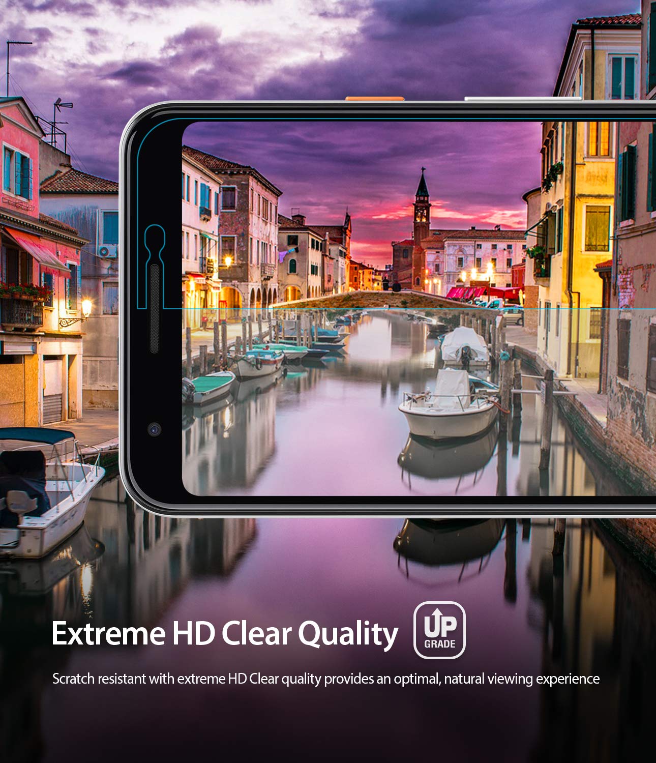Google Pixel 3a XL Screen Protector | Dual Easy Film - Google Pixel 3a XL Screen Protector - Smartphone displaying a vibrant canal scene through a clear protective film.