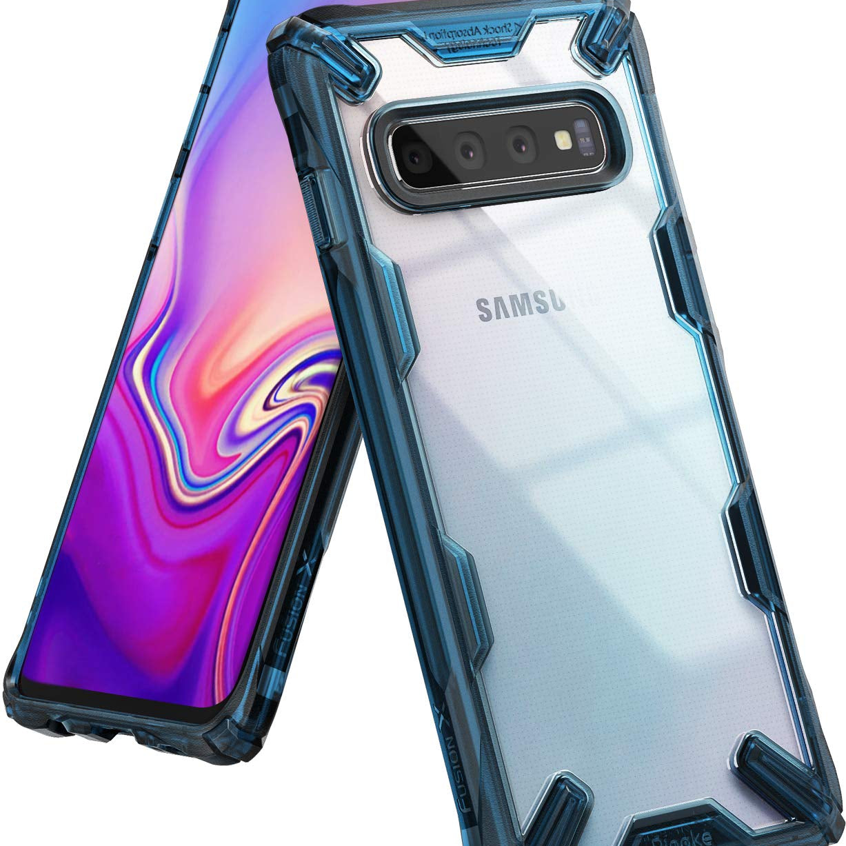 Galaxy S10 Case | Fusion-X - Clear phone case with blue reinforced bumpers showing front screen and back camera array.