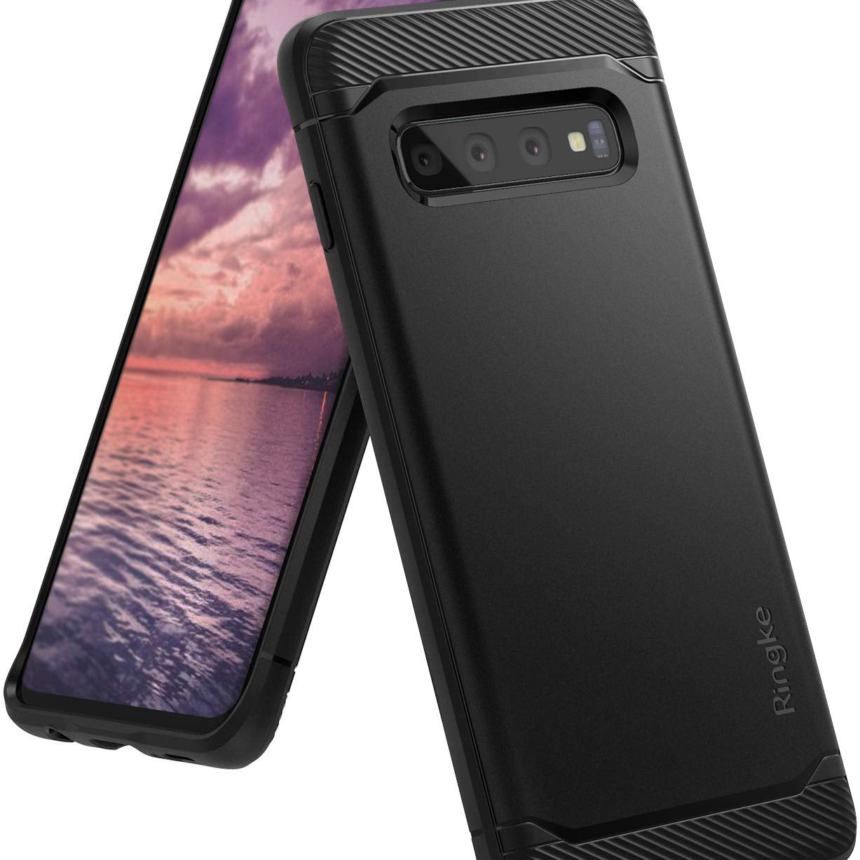 Galaxy S10 Case | Onyx - Matte black protective phone case with textured carbon fiber accents on a Galaxy S10.