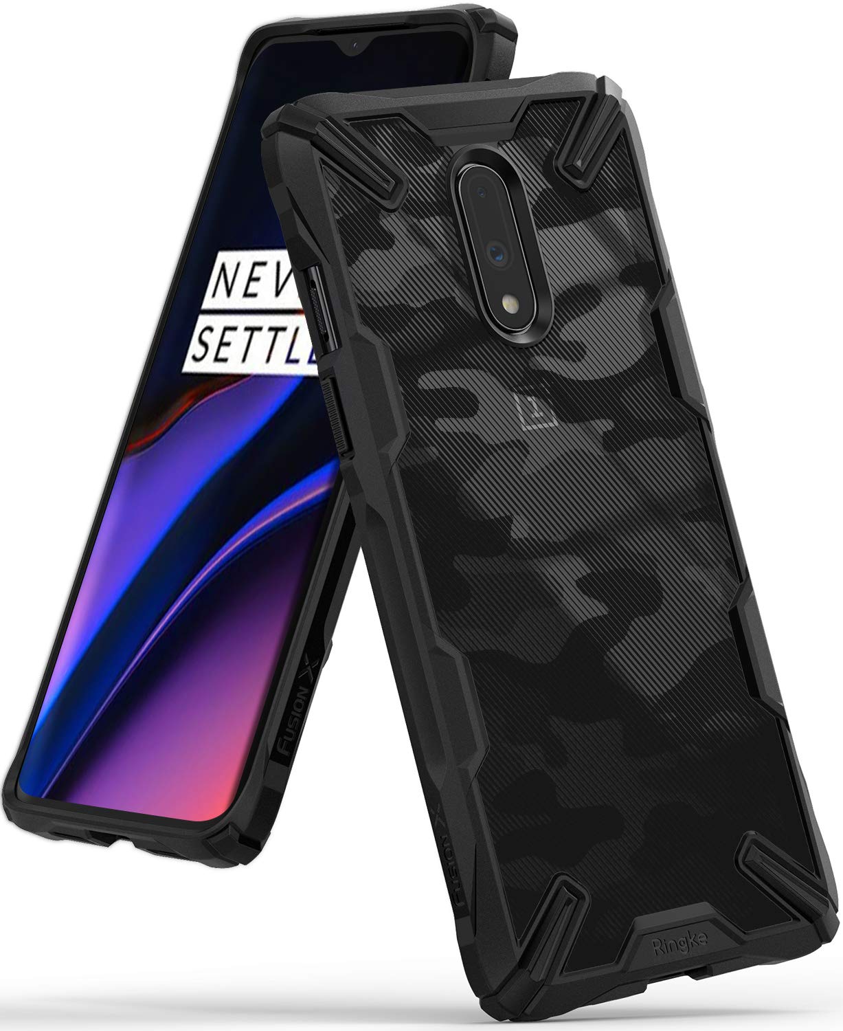OnePlus 7 Case | Fusion-X - Black rugged phone case with a camouflage back pattern and reinforced corners for a OnePlus 7.