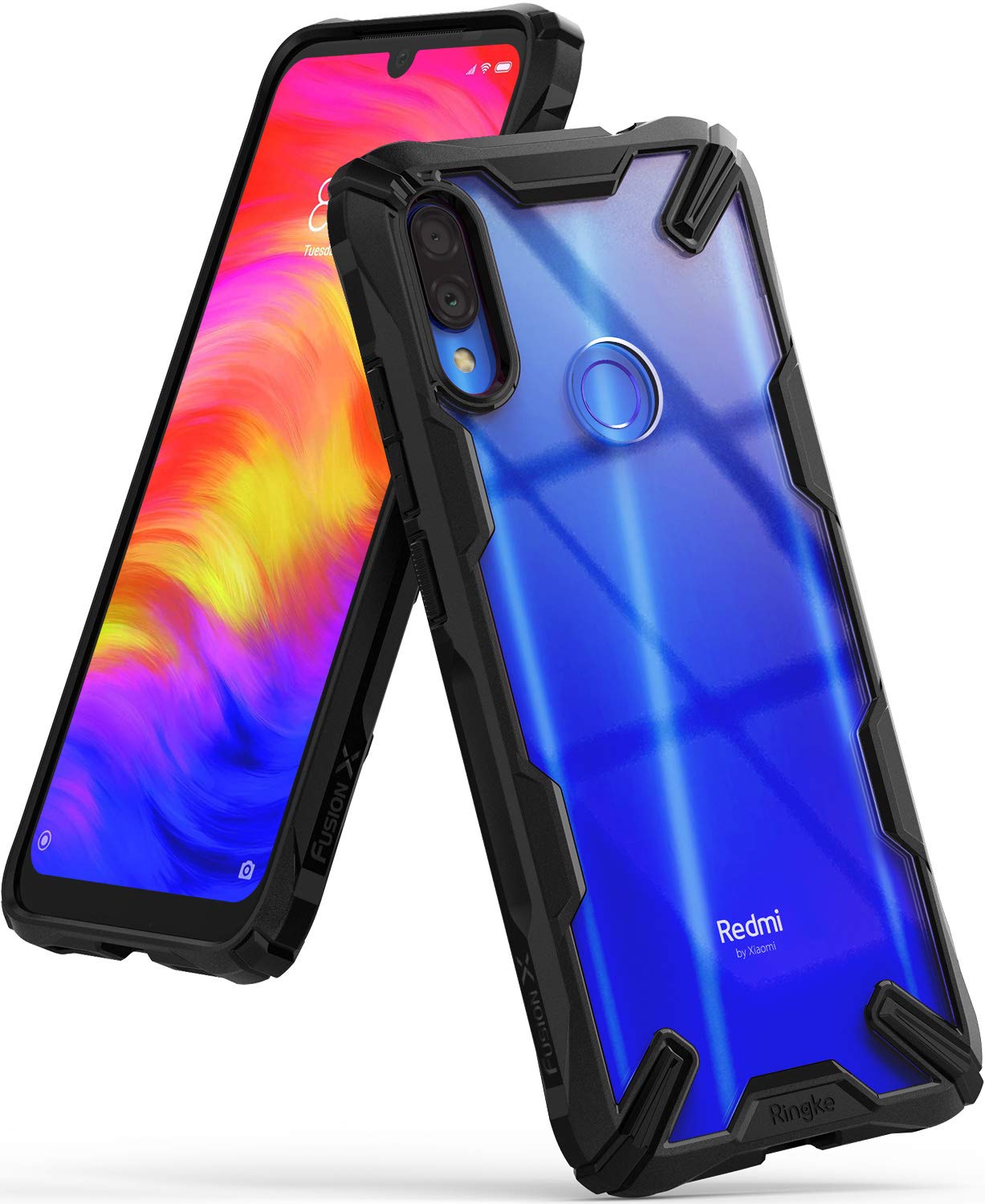 Redmi Note 7 / 7 Pro Case | Fusion-X - Black rugged protective case on a blue Redmi smartphone with a colorful screen.