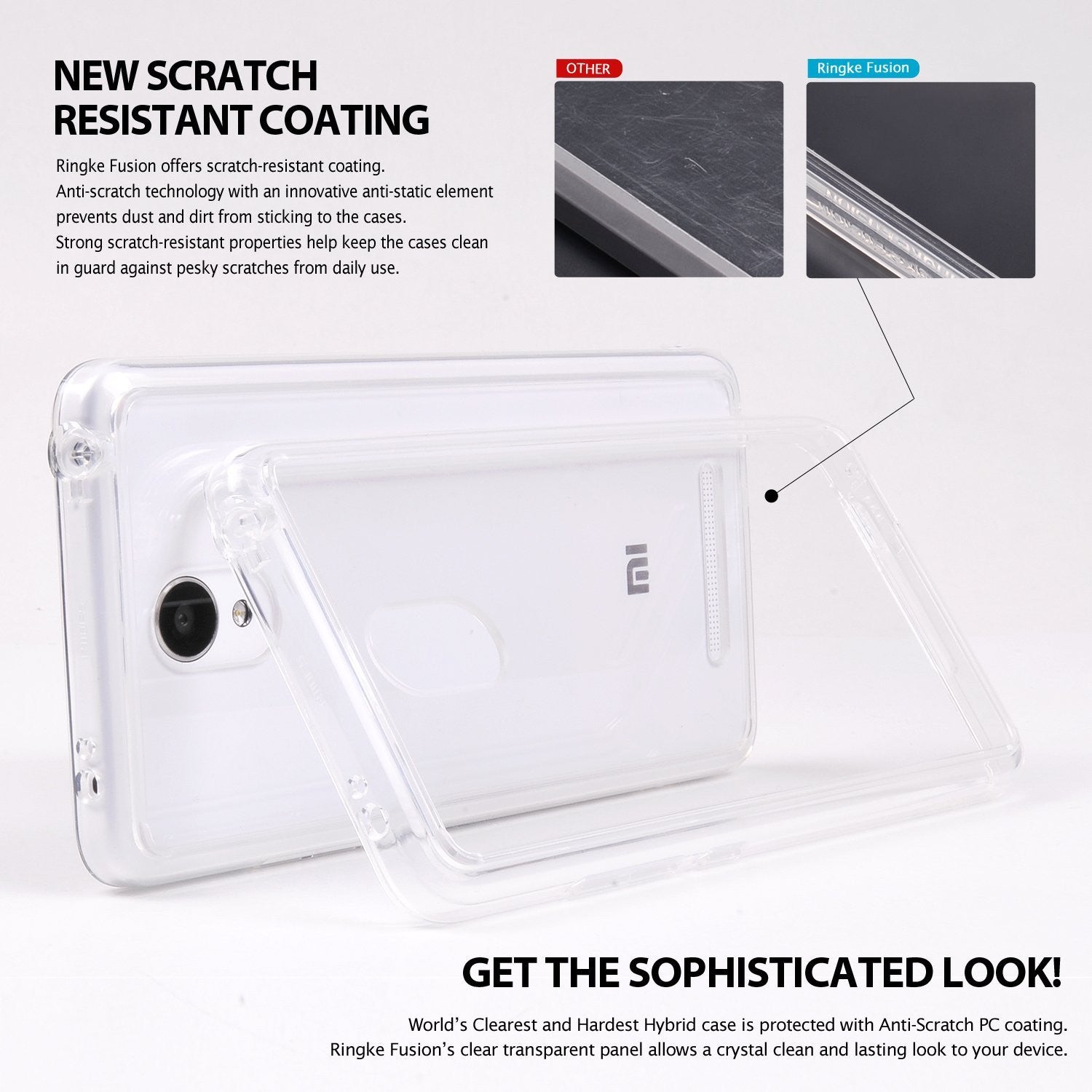 Redmi Note 2 Case | Fusion - Clear phone case showing scratch-resistant coating compared to a scratched surface.
