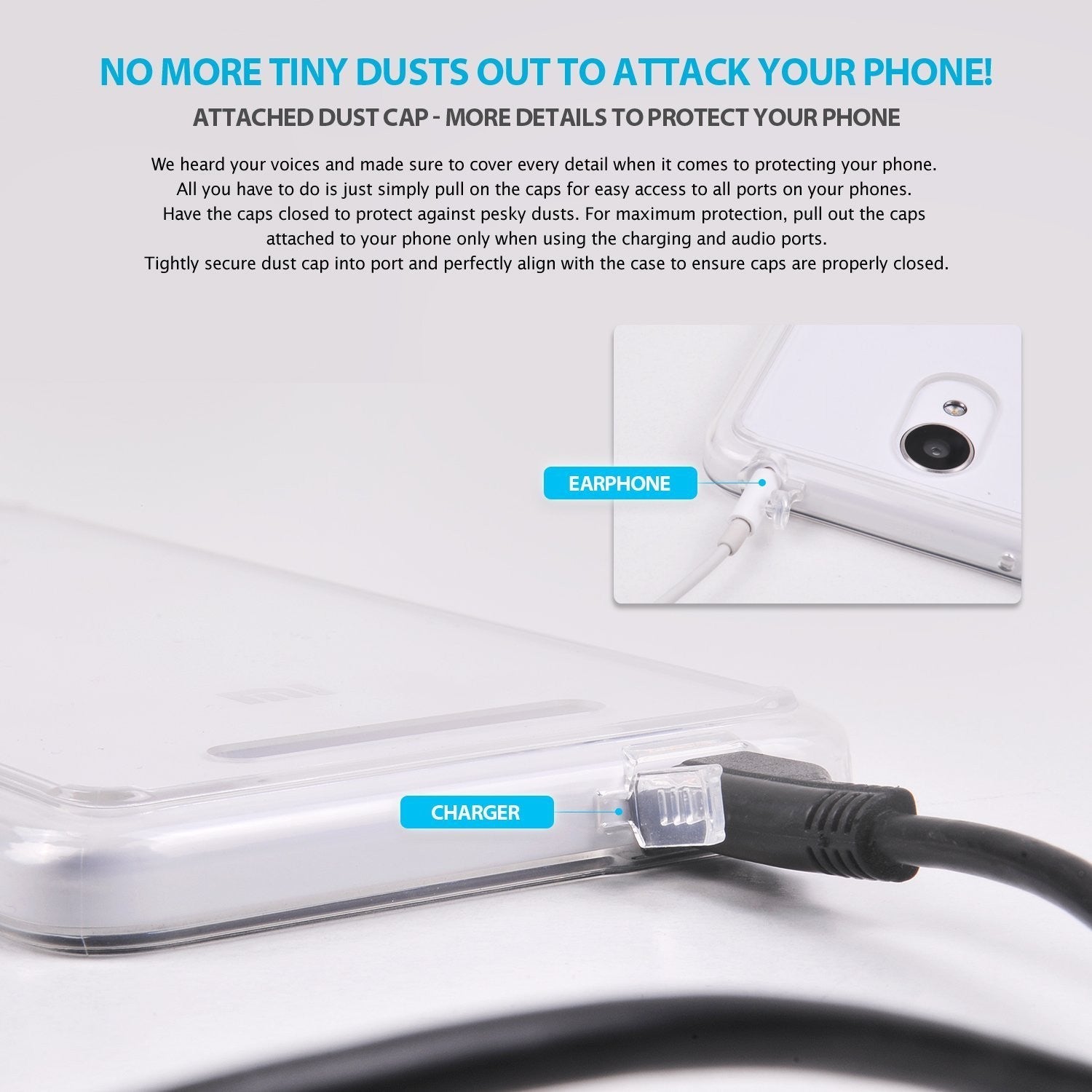 Redmi Note 2 Case | Fusion - Clear phone case showing integrated dust caps for earphone and charging ports.