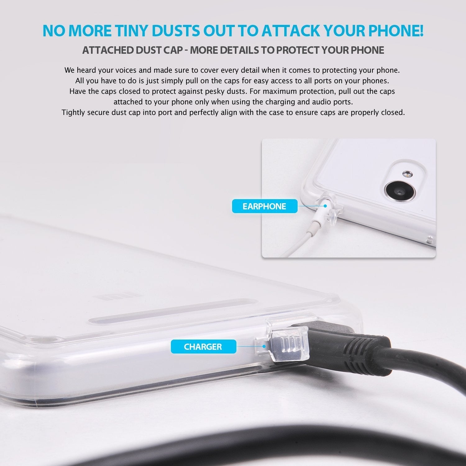 Redmi Note 2 Case | Fusion - Clear phone case with integrated dust caps for earphone and charging ports.