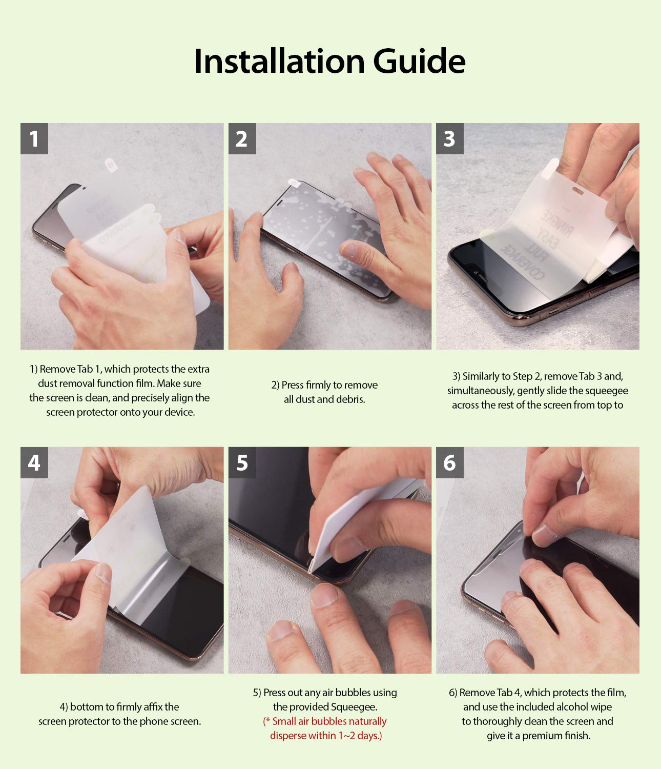Google Pixel 3a XL Screen Protector | Dual Easy Film - Six-step visual guide showing hands applying a screen protector.