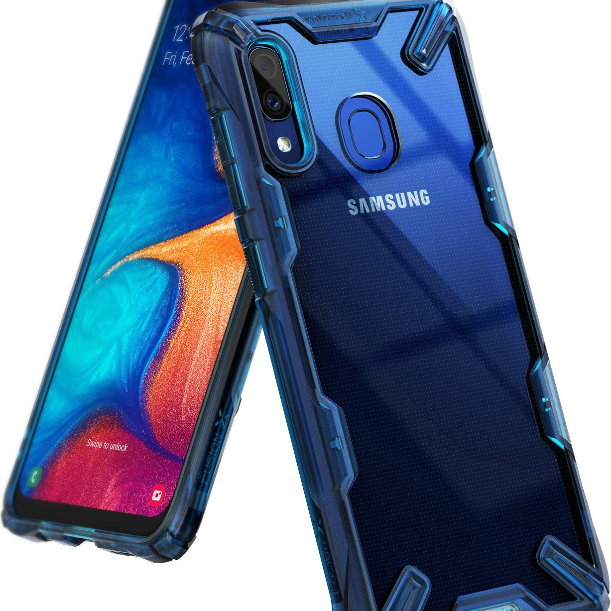 Galaxy A20 Case | Fusion-X - Blue translucent protective phone case with reinforced corners on a Samsung Galaxy A20.