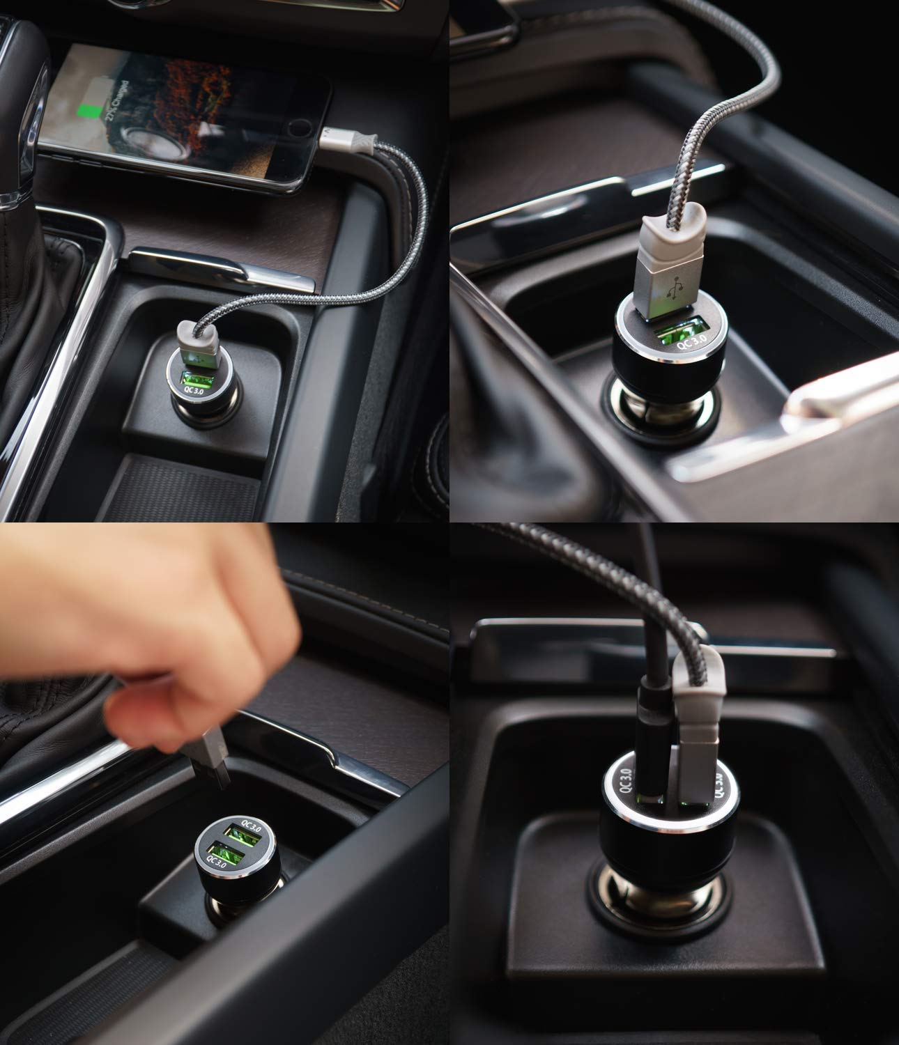 RealX2 Quick Charge 3.0 - Four-panel view of a dual-port USB car charger plugged into a vehicle console, charging a smartphone.