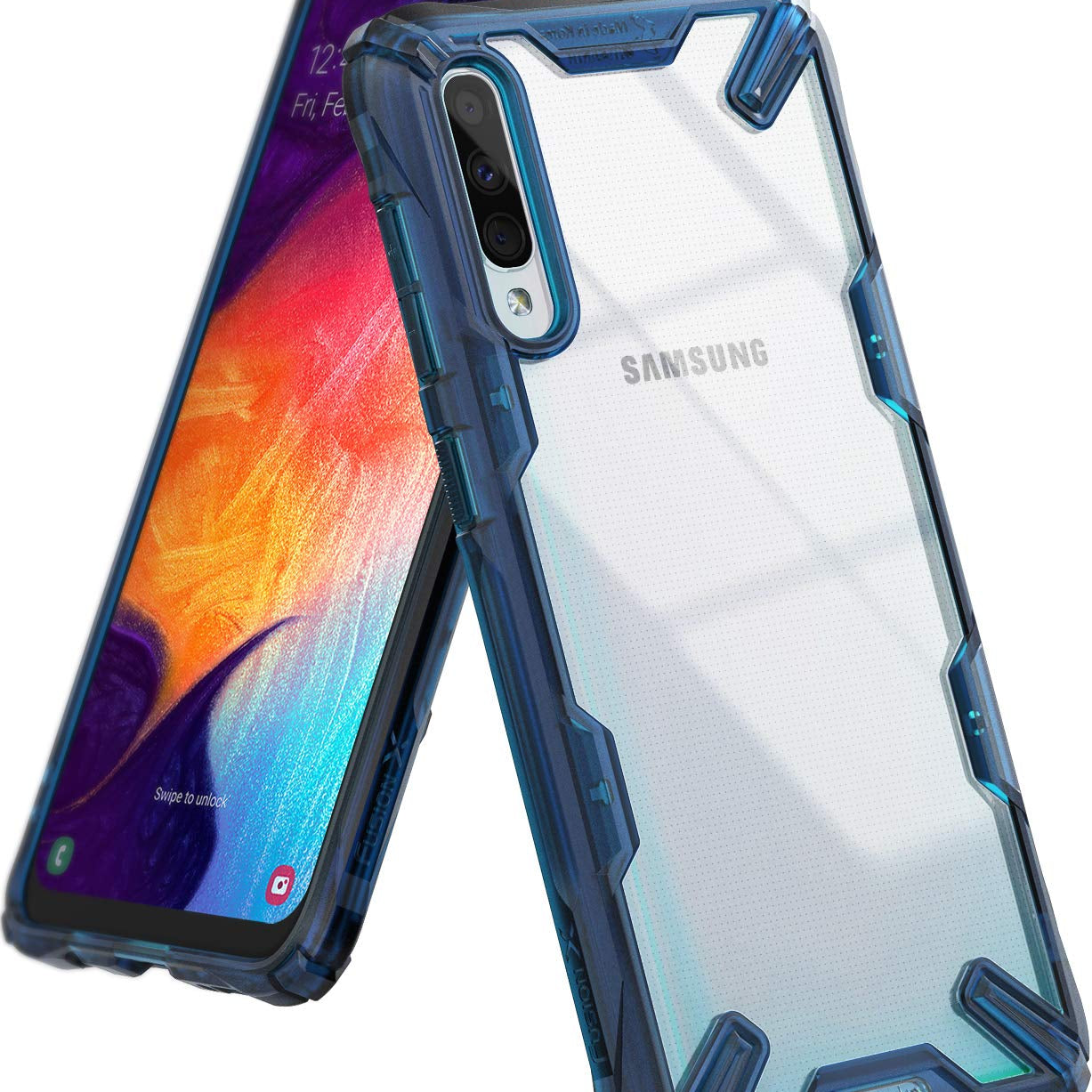 Galaxy A50 Case | Fusion-X - Samsung Galaxy A50 in a clear, rugged blue Fusion-X protective case with a reinforced bumper frame.