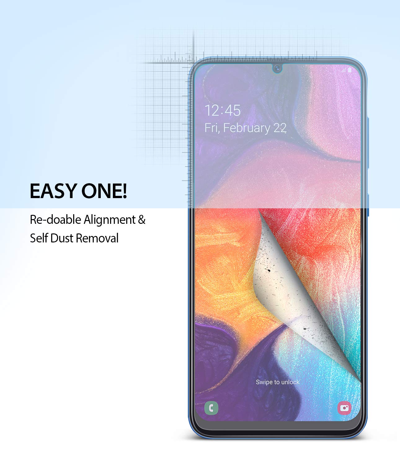 Galaxy A30 Screen Protector | Dual Easy Film - Galaxy A30 Screen Protector - Smartphone screen with a partially peeled protective film showing dust removal technology.