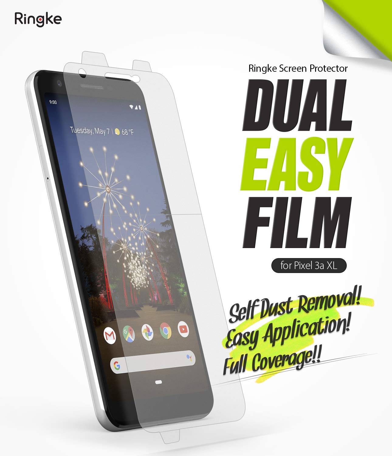 Google Pixel 3a XL Screen Protector | Dual Easy Film - A smartphone with a transparent screen protector film overlay.