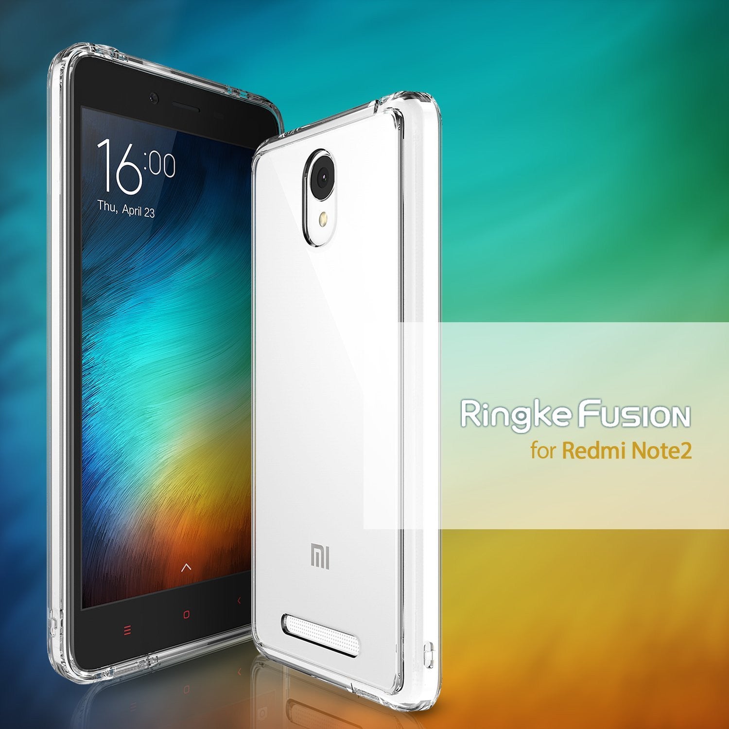 Redmi Note 2 Case | Fusion - Clear protective phone case shown from front and back angles against a colorful gradient.