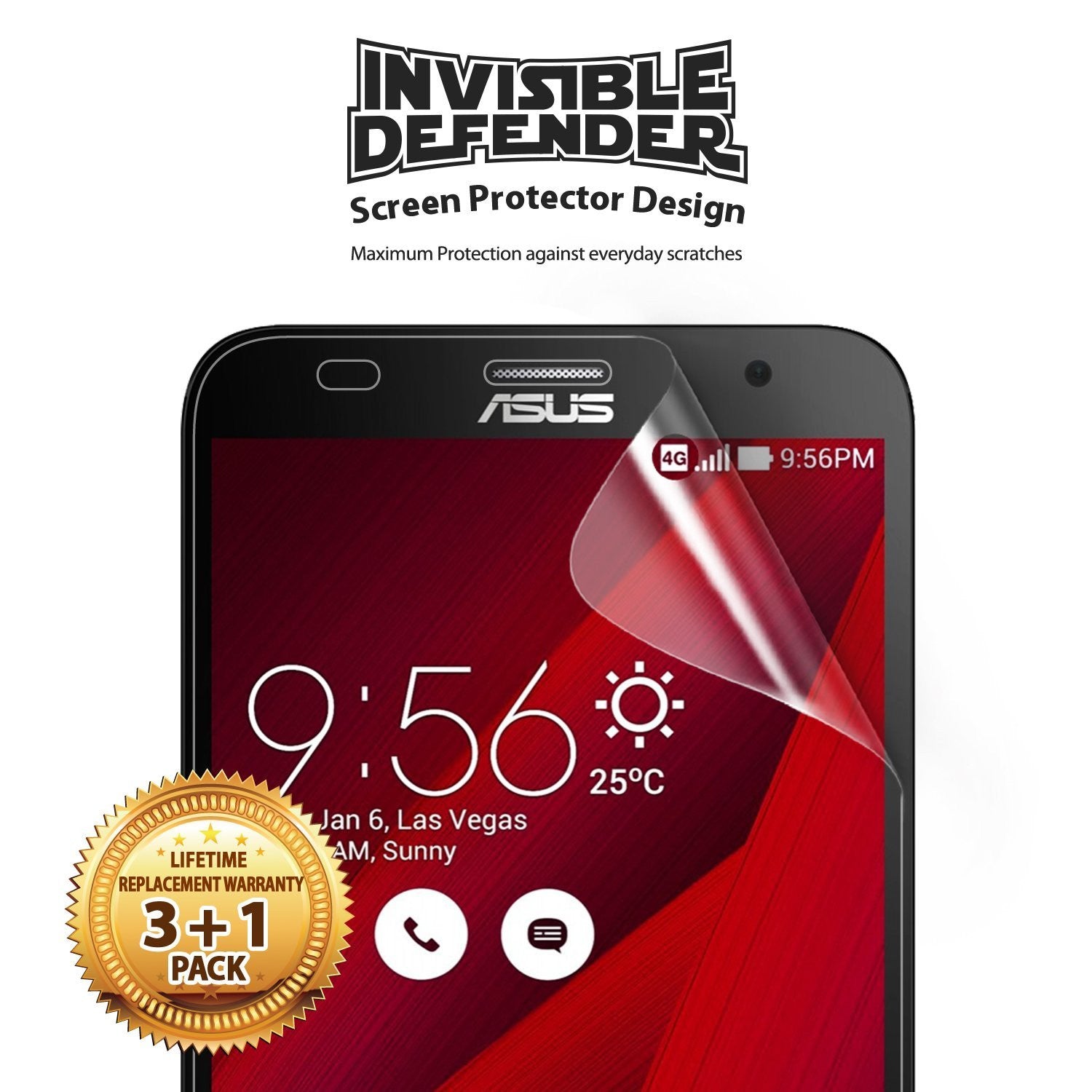 Zenfone 2 Screen Protector | Invisible Defender - Zenfone 2 Screen Protector - Invisible Defender film being applied to an Asus smartphone with a 3+1 pack warranty seal.