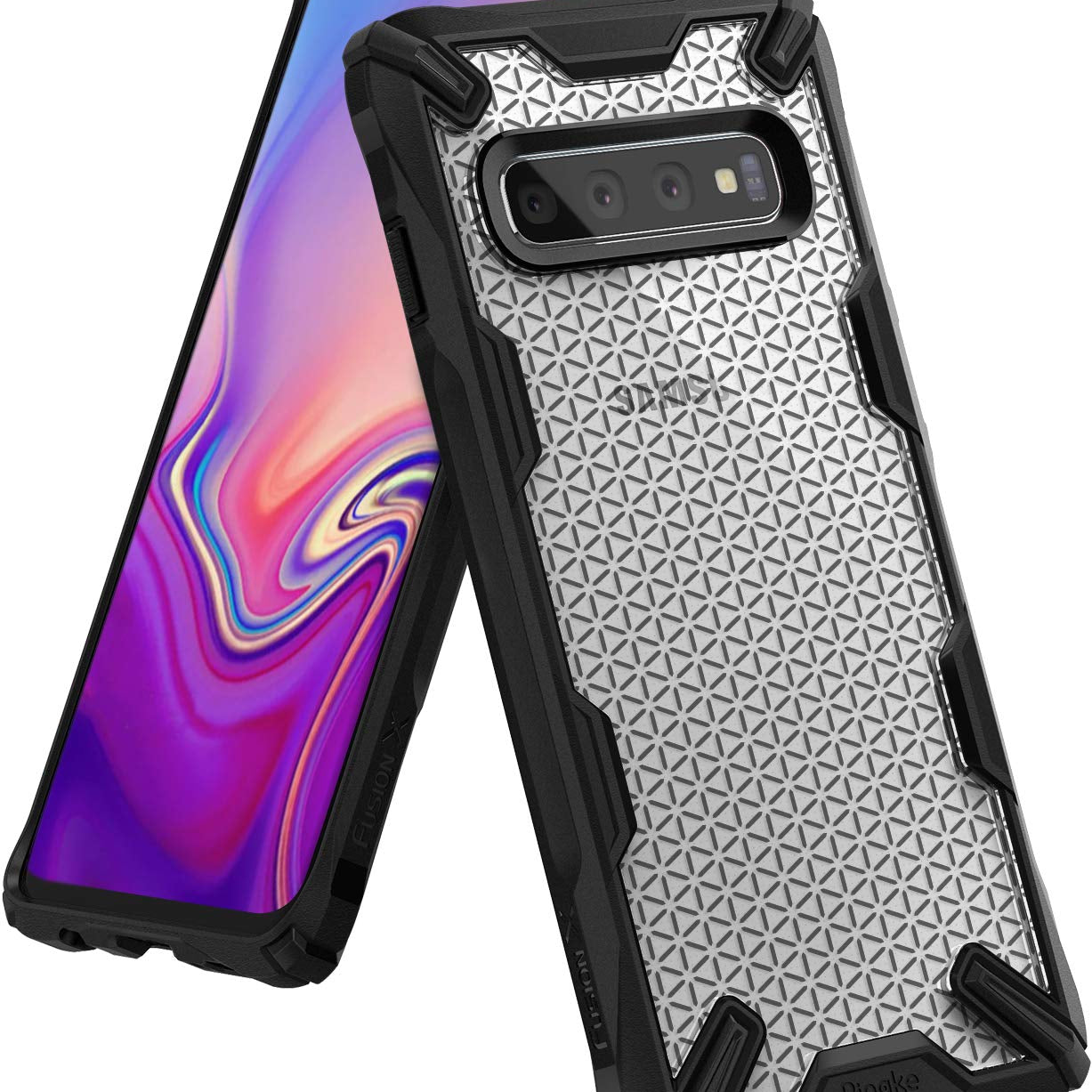 Galaxy S10 Case | Fusion-X Design - Rugged black protective case with a clear, geometric patterned back on a Galaxy S10.