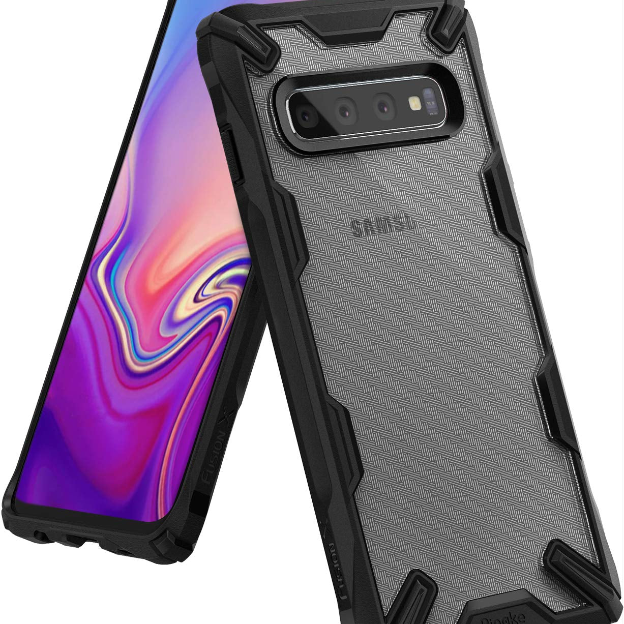 Galaxy S10 Case | Fusion-X Design - Rugged black protective case on a Galaxy S10 with a textured back and colorful screen.