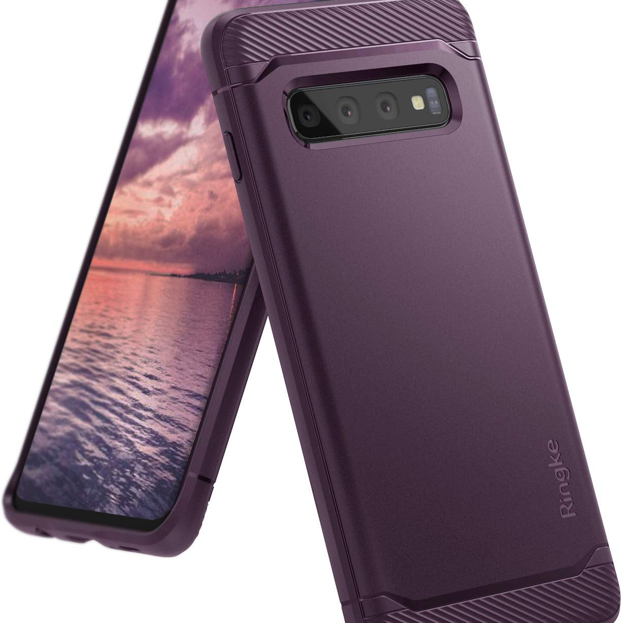 Galaxy S10 Case | Onyx - Purple Onyx phone case with textured top and bottom edges and a smooth back, shown from front and back.