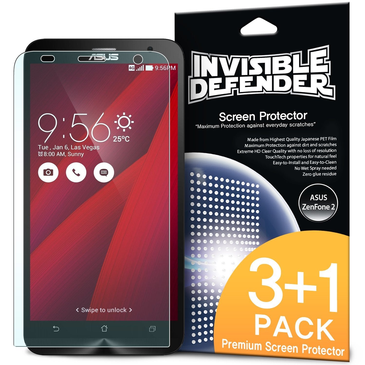 Zenfone 2 Screen Protector | Invisible Defender - Zenfone 2 Screen Protector - Invisible Defender 3+1 pack with a clear screen protector overlaying an Asus Zenfone 2 phone.