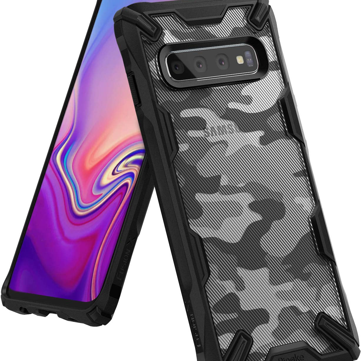 Galaxy S10 Case | Fusion-X Design - Rugged black phone case with a transparent grey camouflage back panel on a Galaxy S10.