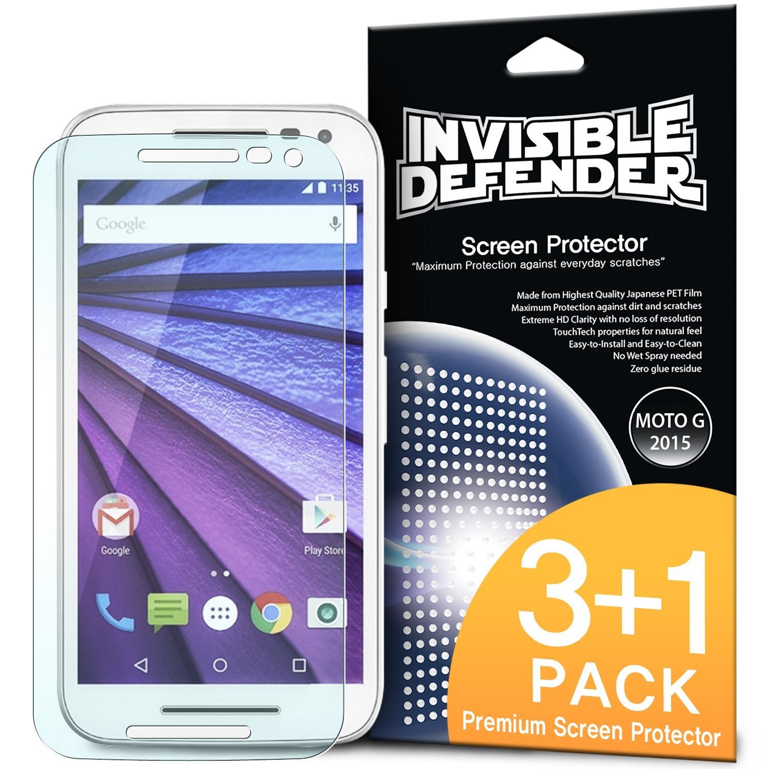 Moto G 2015 (3rd Gen.) Screen Protector | Film - Invisible Defender 3+1 pack screen protector for Moto G 2015.