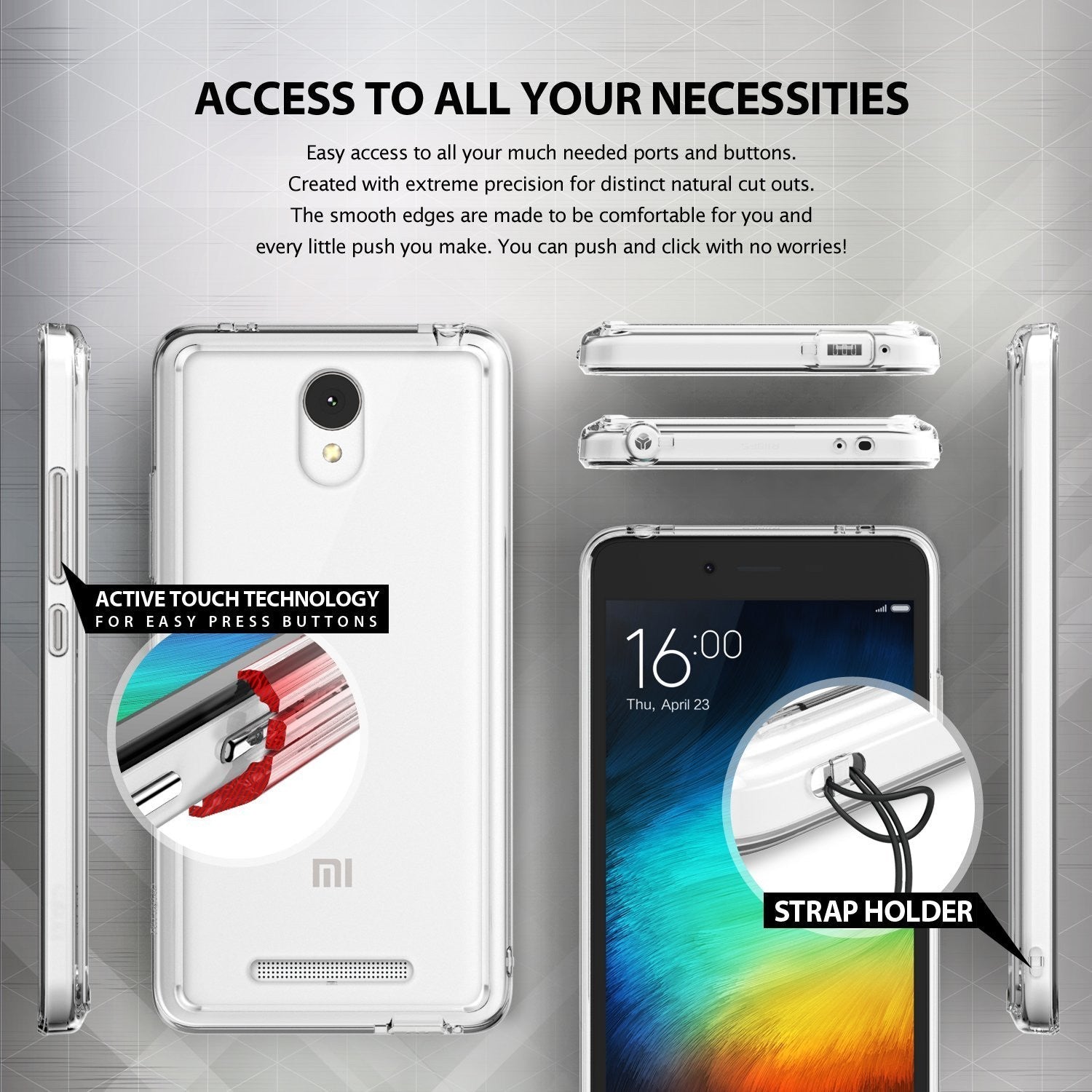 Redmi Note 2 Case | Fusion - Clear phone case showing button cutouts, active touch technology, and a built-in strap holder.