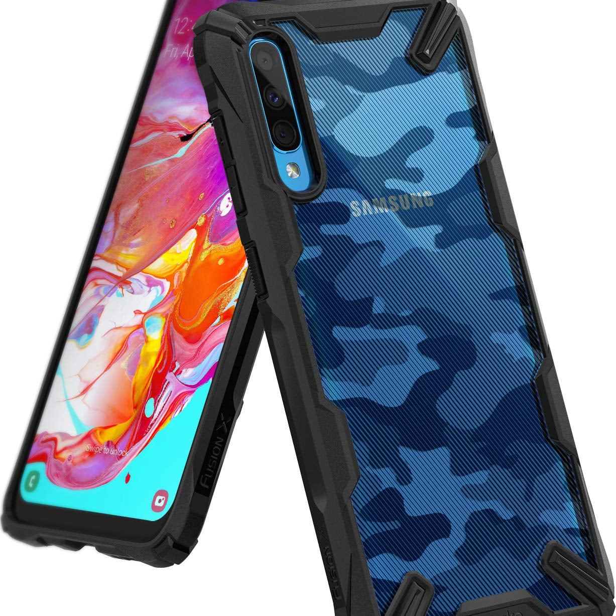 Galaxy A70 Case | Fusion-X - Blue camouflage phone case with black rugged bumper on a Samsung Galaxy A70 with colorful screen.