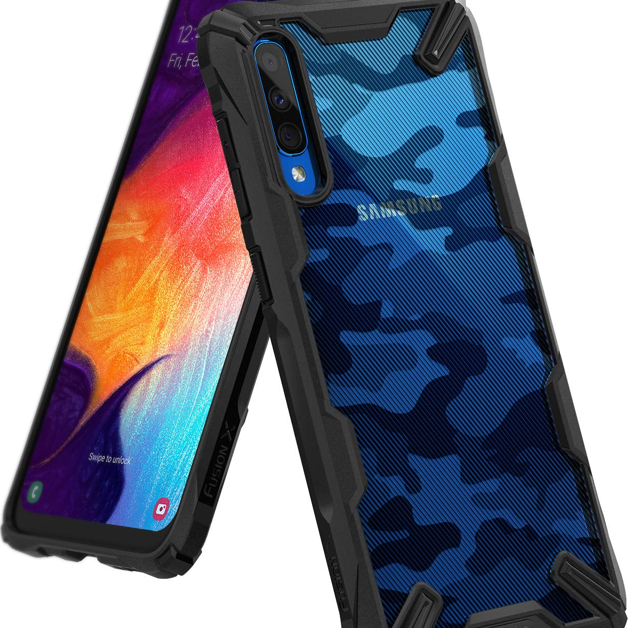 Galaxy A50 Case | Fusion-X - Samsung Galaxy A50 in a black and blue camouflage Fusion-X protective case.