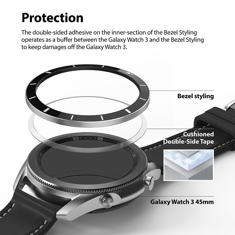 the double sided adhesive on the inner section of the bezel styling operates as a buffer between the device and the bezel styling