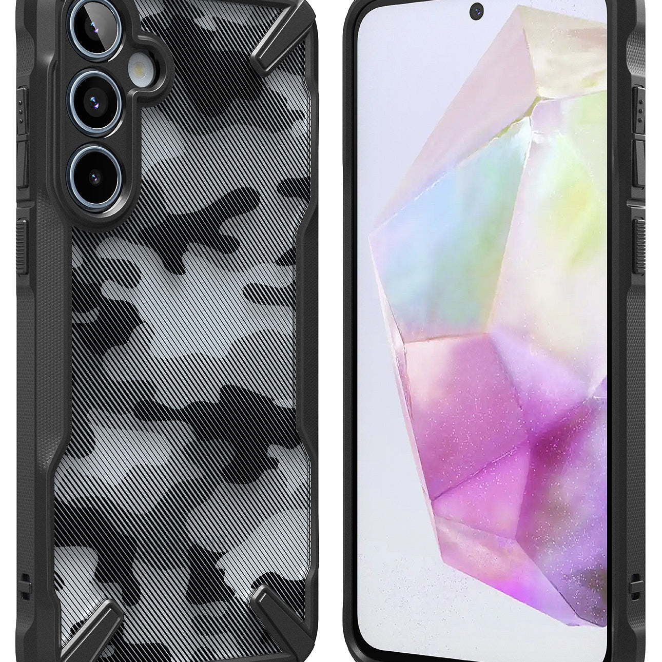 Galaxy A35 Case | Fusion-X - Multiple black Fusion-X phone cases for Galaxy A35, one featuring a grey camouflage pattern.