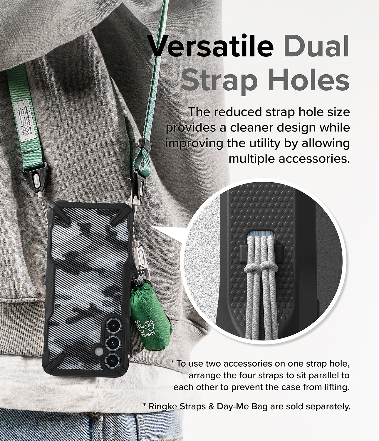 Galaxy A55 Case | Fusion-X - Versatile Dual Strap Holes. The reduces strap hole size provides a cleaner design while improving the utility by allowing multiple accessories.