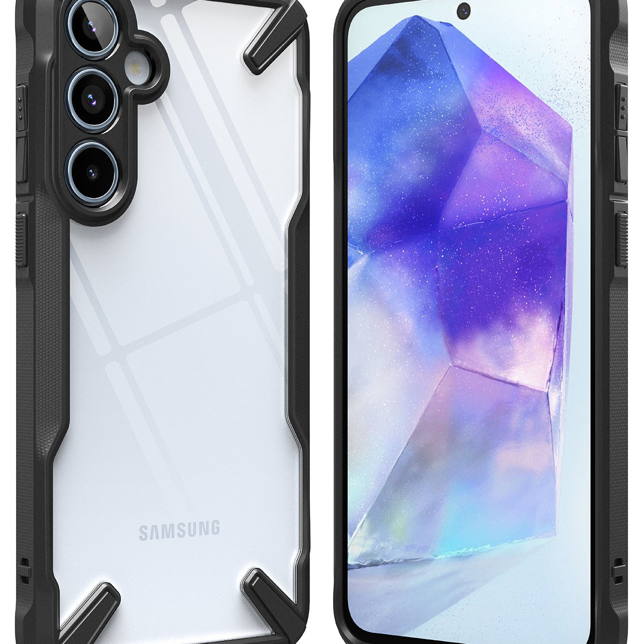 Galaxy A55 Case | Fusion-X - Multiple black Fusion-X phone cases with a grey camouflage pattern displayed on a dark surface.