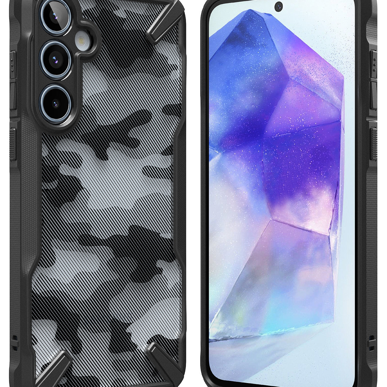 Galaxy A55 Case | Fusion-X - Multiple black Fusion-X phone cases with a grey camouflage pattern displayed on a dark surface.