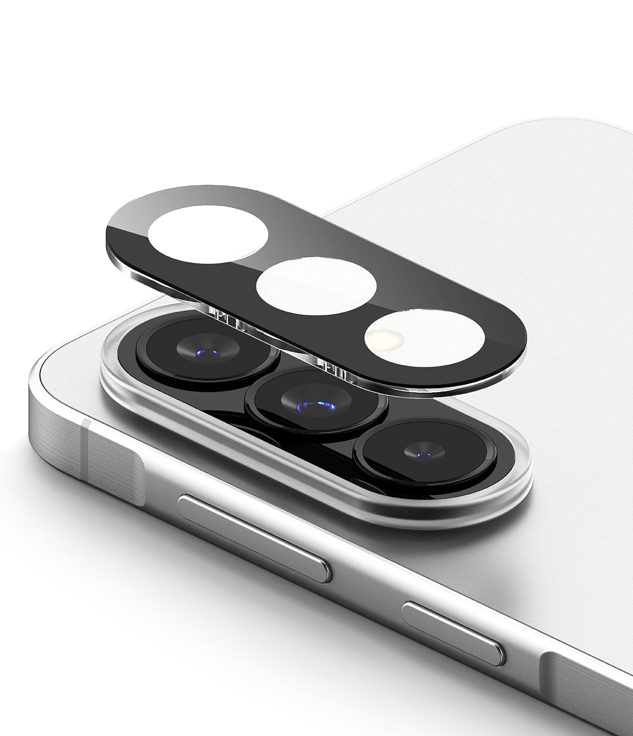 Galaxy A37 / A57 5G | Camera Glass 2P - Protective glass cover hovering above the triple camera lenses of a silver smartphone.