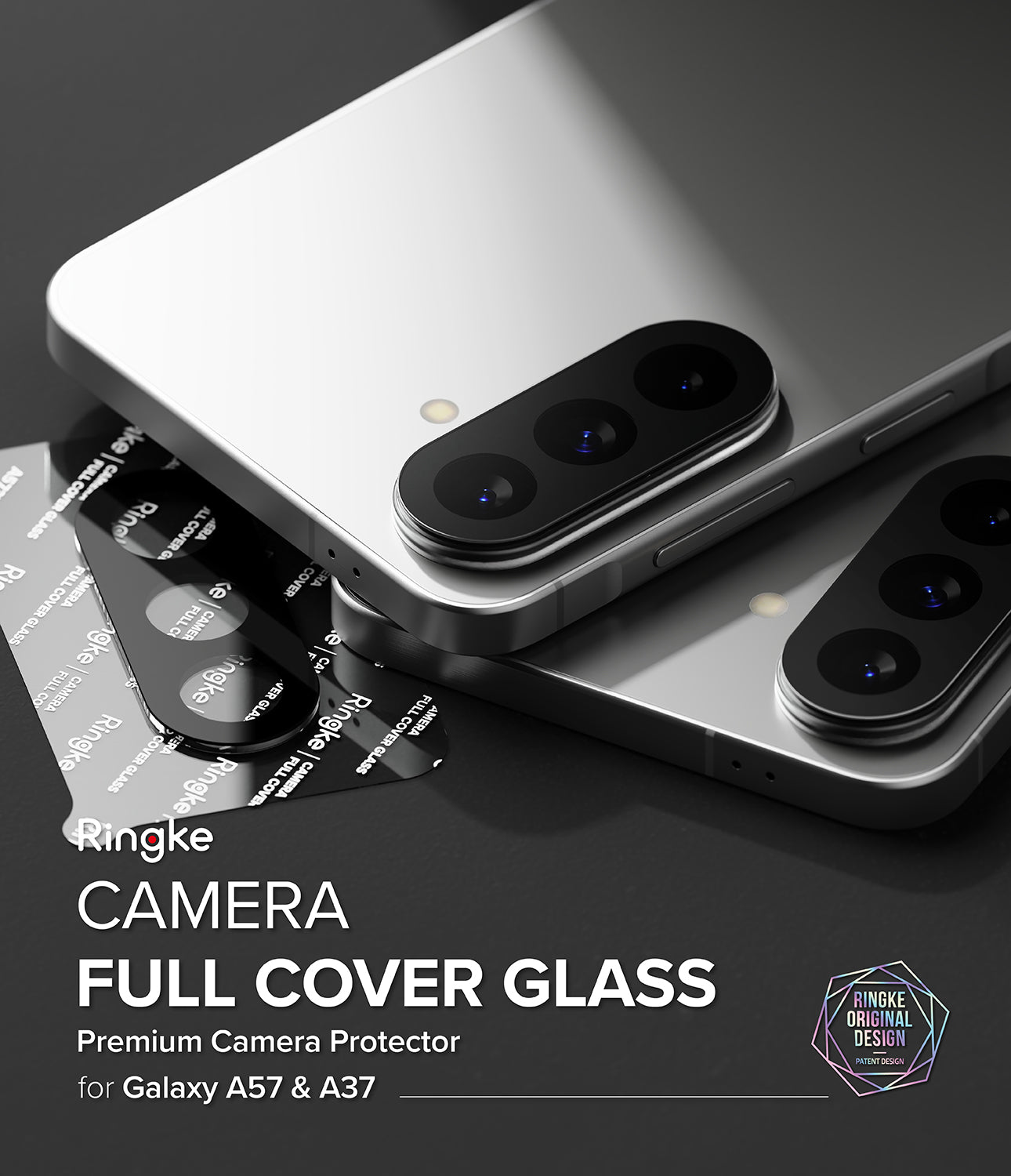 Galaxy A37 / A57 5G | Camera Glass 2P - Two silver smartphones with Ringke camera lens protectors applied.