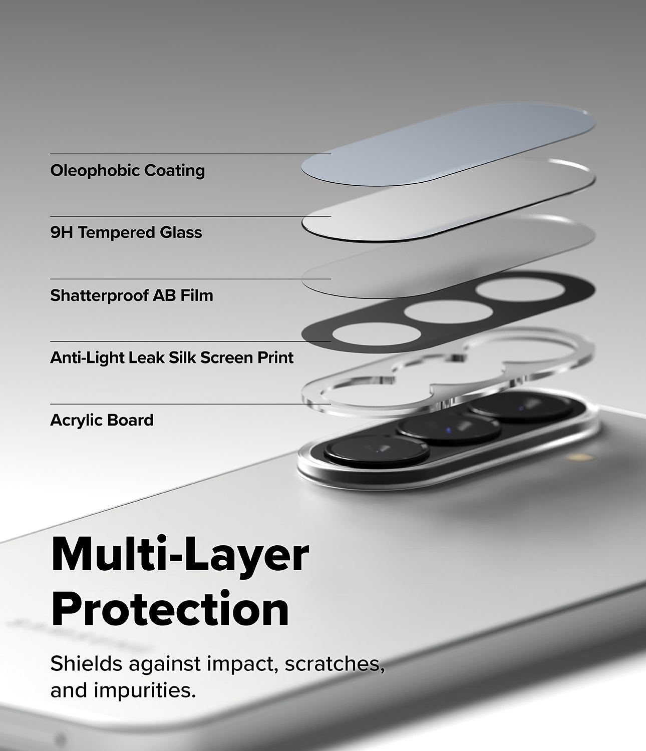 Galaxy A37 / A57 5G | Camera Glass 2P - Exploded view of five protective layers for a smartphone camera lens.