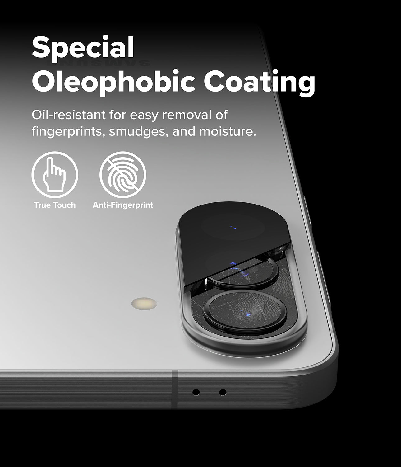 Galaxy A37 / A57 5G | Camera Glass 2P - Smartphone camera lens protector with oleophobic coating and anti-fingerprint icons.