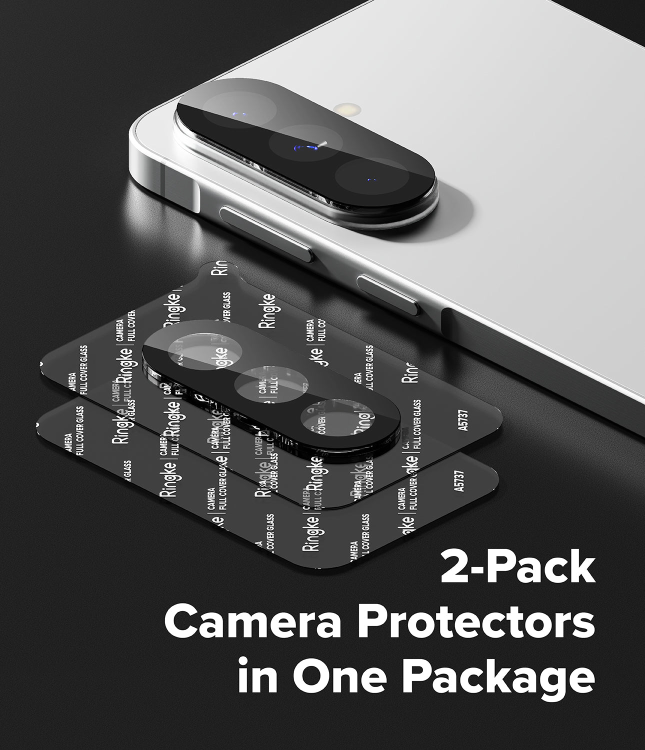 Galaxy A37 / A57 5G | Camera Glass 2P - Two black camera lens protectors on a backing sheet next to a smartphone.