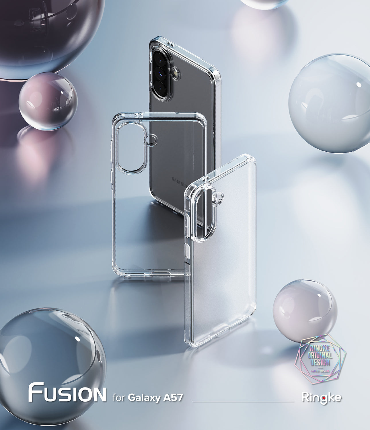 Galaxy A57 5G Case | Fusion - Clear phone cases displayed with glass spheres on a reflective blue surface.